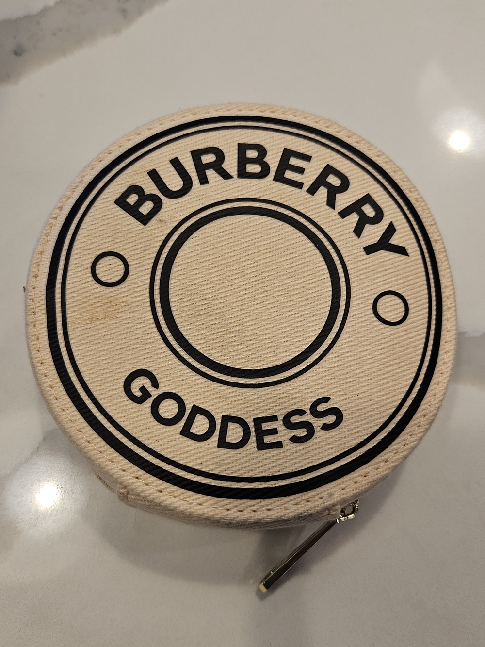 Burberry Cream Canvas Round Jewelry Pouch with Gold Hardware